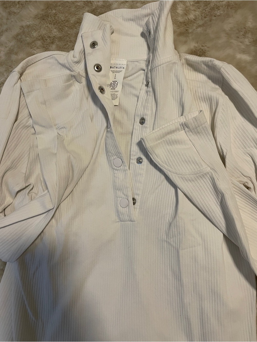 Athleta Small White Ribbed Snap-Front Henley Top
